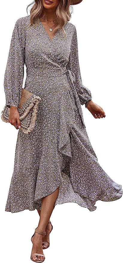 PRETTYGARDEN Women's Long Sleeve Vintage Wrap Dress Floral Print V-Neck Maxi Dresses with Belt | Amazon (US)