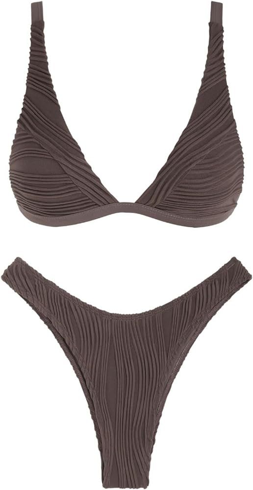 ZAFUL Bikini Sets for Women Triangle Textured Plunging High Cut Cheeky Bikini Swimsuits Two Piece... | Amazon (US)