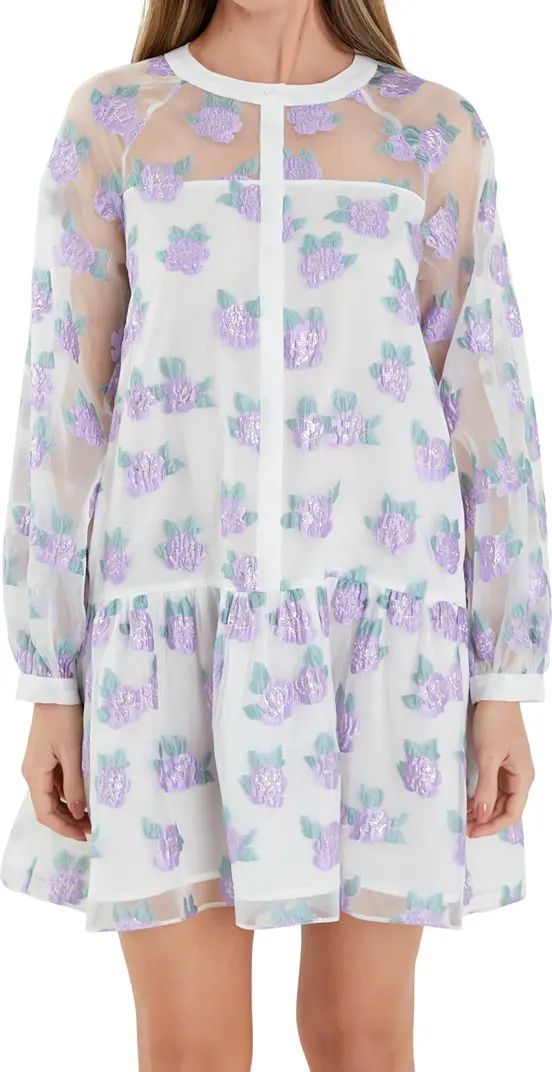 Floral Button Front Long Sleeve Organza Minidress | Nordstrom