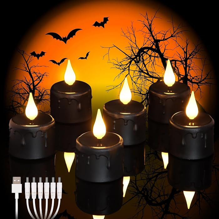 Daord 6 pcs Rechargeable Halloween Black Flameless LED Tea Light Candles Halloween Pumpkins Light... | Amazon (US)