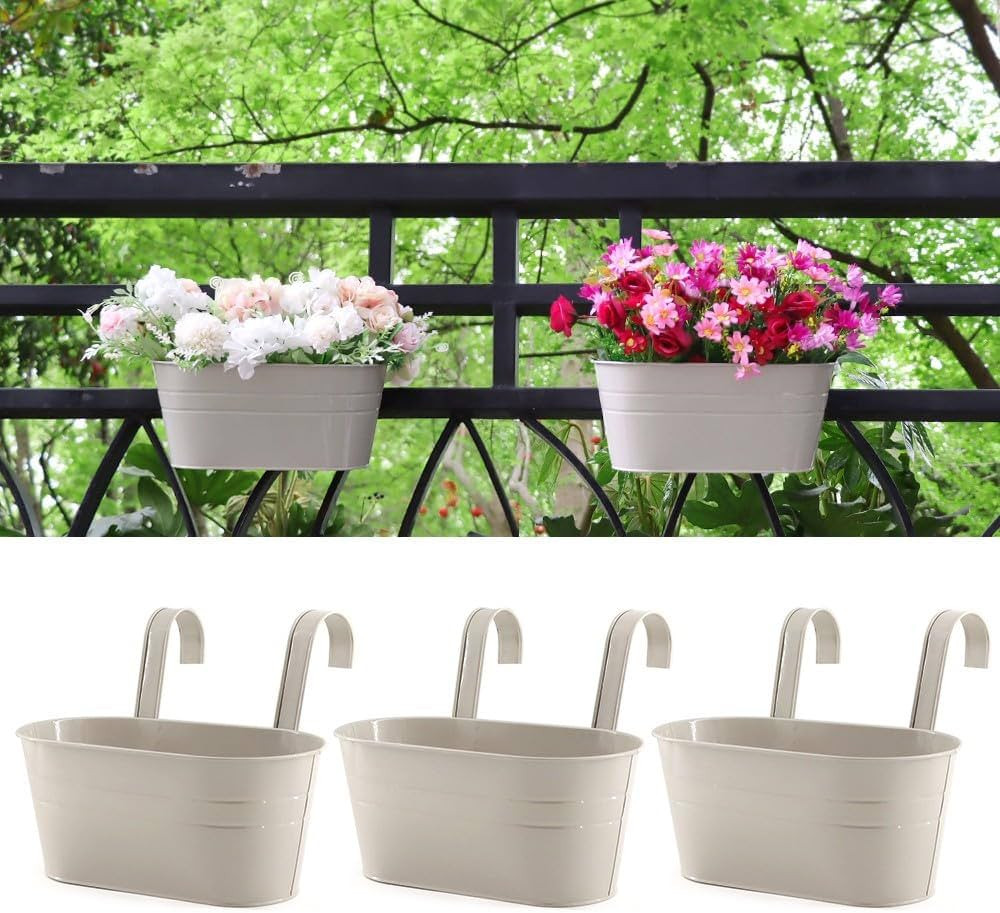 Meltset 3 Pack Metal Iron Hanging Flower Pot, Oval Railing Fence Garden Balcony Planter Pots, Met... | Amazon (US)