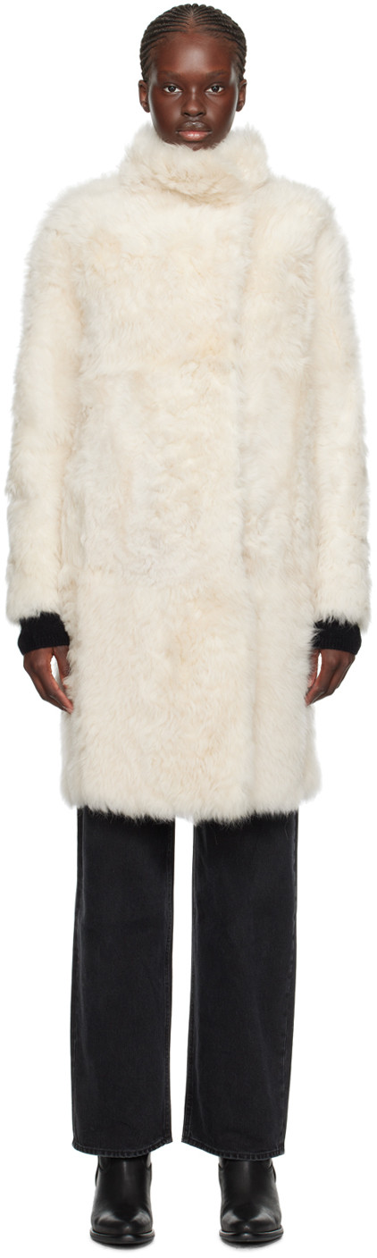 Yves Salomon Off-White Notched Lapel Reversible Shearling Coat | SSENSE