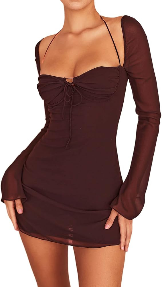 Women Sexy Halter Cutout Dress Trendy Long Sleeve Bodycon Low Cut Ruched Tie Up Print Mini Dress Par | Amazon (US)