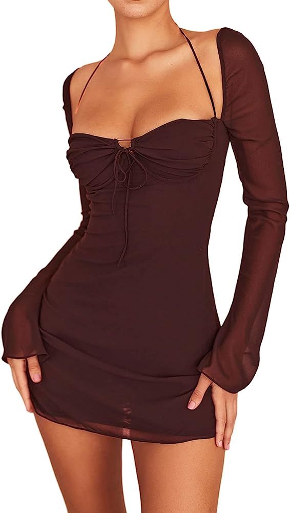 Women Sexy Halter Cutout Dress Trendy Long Sleeve Bodycon Low Cut Ruched Tie Up Print Mini Dress Par | Amazon (US)
