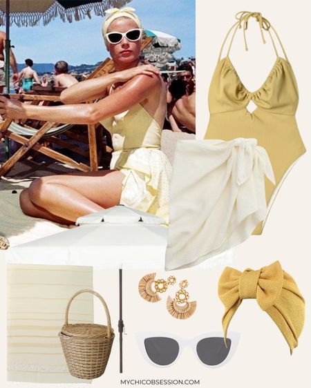 Channel your inner Grace Kelly in this breezy, casually chic beach outfit. A vibrant lemon yellow one-piece swimsuit hugs the body. A white sarong wraps around the hips - one side tied in a loose knot. Oversized white sunglasses with round cat eye frames evoke a hint of old Hollywood glamour. In one hand, carry a woven raffia bag, its natural texture and warm caramel tones complements the yellow and white color scheme. Raffia statement earrings provide a punchy pop of texture to finish off this laidback, vacation-ready look inspired by Princess Grace's timeless elegance.

#LTKSeasonal #LTKfindsunder100 #LTKswim