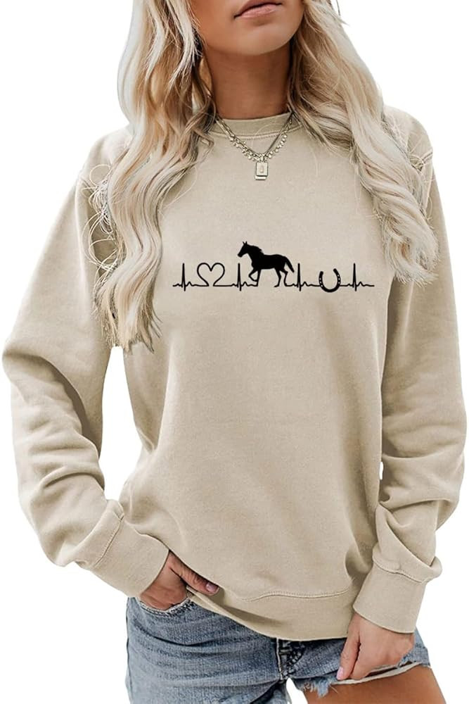 MEKOTSK Horse Sweatshirt for Women Cute Heartbeat Graphic Shirts Long Sleeve Crew Neck Pullover T... | Amazon (US)