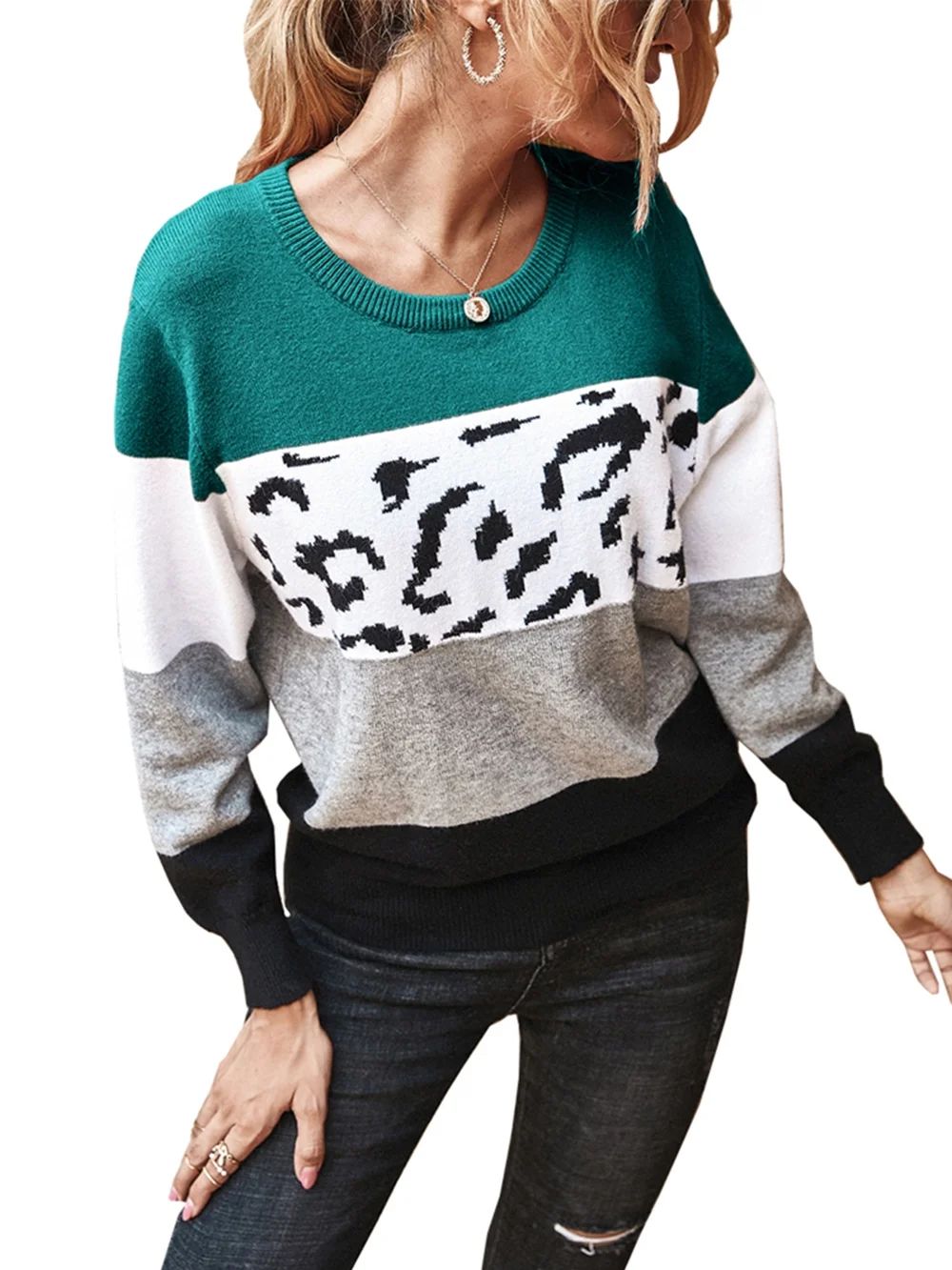 PRETTYGARDEN Women's Lightweight Long Sleeve Leopard Print Color Block Sweater Pullover Knitted T... | Walmart (US)