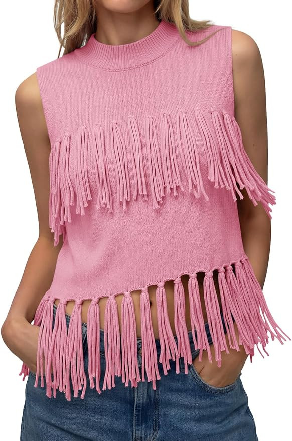 Tankaneo Womens Fringe Knit Tank Tops Summer Trendy Casual High Neck Sleeveless Shirts Boho Loose... | Amazon (US)