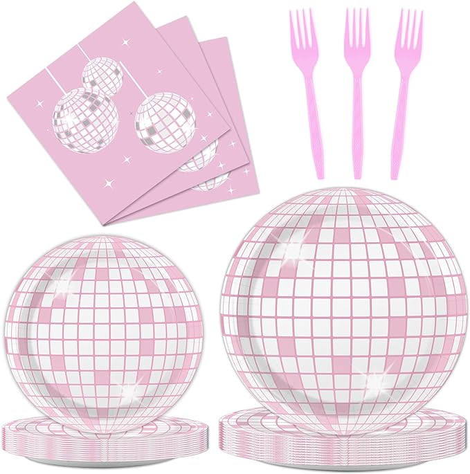 96PCS Pink Silver Disco Party Plates and Napkins Pink Disco Birthday Party Decorations 70s Pink T... | Amazon (US)