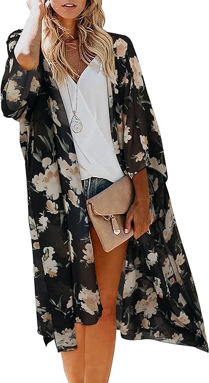 STYLEWORD Women's Loose Floral Print Chiffon Kimono Cardigan Sheer Capes Casual Tops Beach Cover ... | Amazon (US)