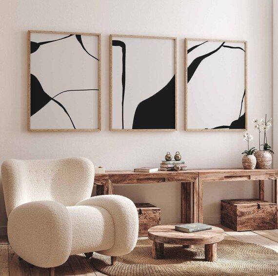 Modern Simple Minimal Gallery Wall Art Set of 3 Black and White Simple Abstract Art Boho Farmhous... | Etsy (US)