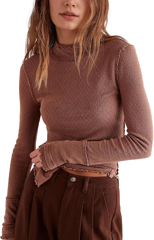 Womens Underwear Tops Turtleneck Ruffle Lace Long Sleeve Base Layer Tee Slim Fit Exposed Seams Sh... | Amazon (US)