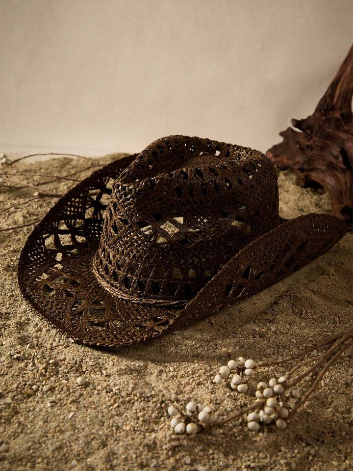 Tropiscape One Size Women's Handmade Braided Sun Hat With Hollow-Out Flower Pattern, Bowknot & Adjustable Chin Strap, Wire-Edged Brim, Perfect For Sunscreen, Outdoor Activities And Fashionable Daily Wear. Boho Beach | SHEIN