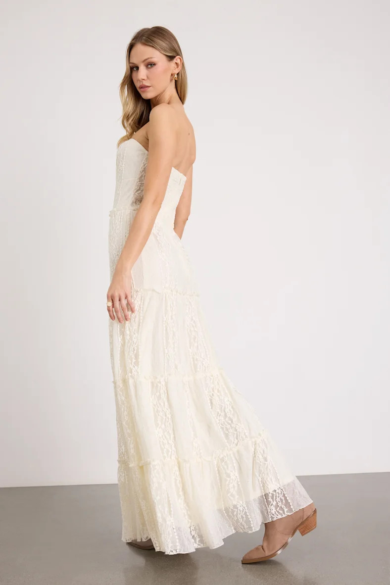 Nora Ivory Lace Strapless Tiered Maxi Dress | Lulus