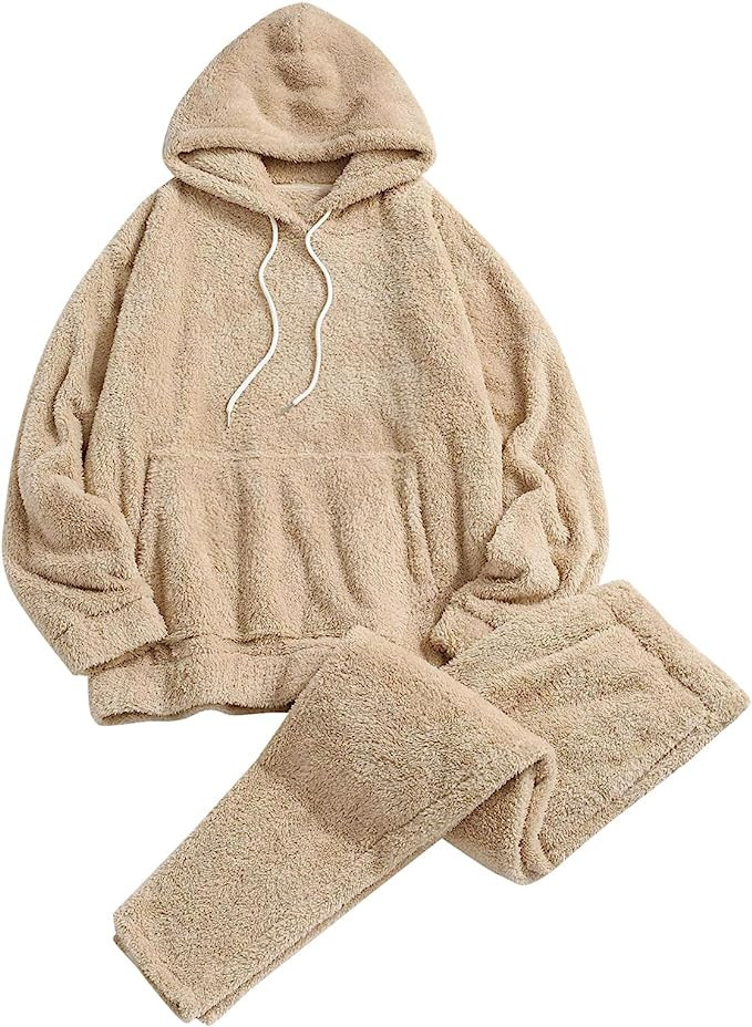 ZAFUL Women's Fuzzy Fleece Pajamas Sets Long Sleeve Loungewear pocket Casual Hoodies and Pants Set 2 | Amazon (US)