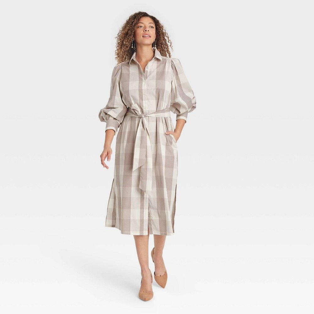 Women's Gingham Long Sleeve High Cuff Shirtdress - A New Day Cream M, Ivory | Target