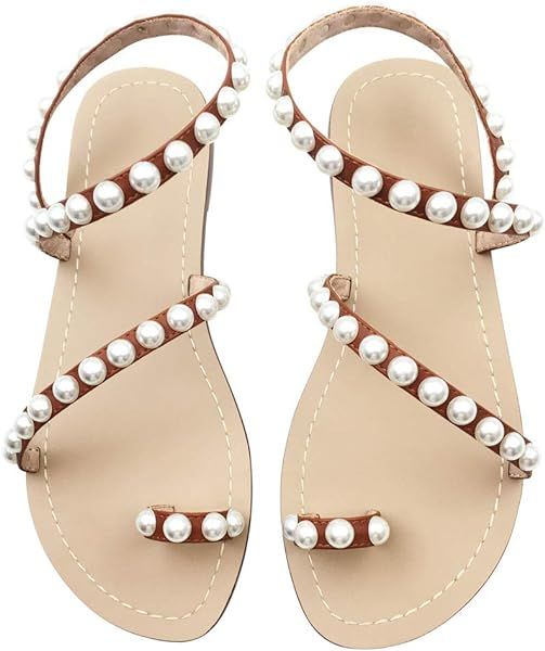 Women's Crystal with Rhinestone Bohemia Flip Flops Summer Beach T-Strap Flat Sandals | Amazon (US)