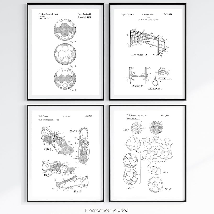 Soccer Patent Wall Art, Vintage Soccer Posters Set Of 4 (large 11x14 Size), Black And White Socce... | Amazon (US)