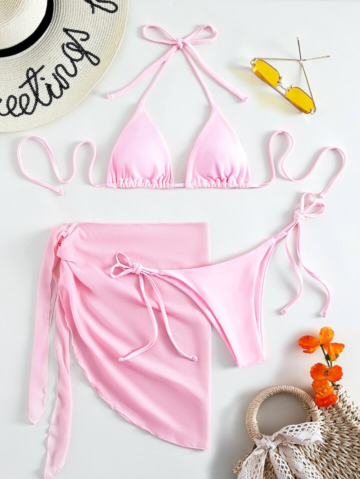 Swim Mod Summer Beach 3packs Drawstring Bikini Set & Beach Skirt | SHEIN