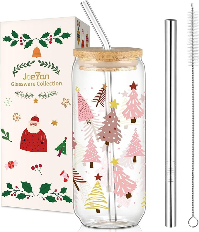 Joeyan Christmas Glass Cups,Tumbler with Lid and Straw,Xmas Pink and Gold Tree Iced Coffee Cups,C... | Amazon (US)