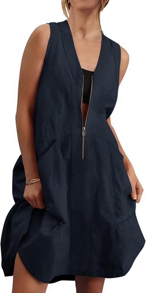 Fisoew Women's Sleeveless Tank Mini Dress Casual Half Zip V Neck Loose Mesh Back Utility Summer D... | Amazon (US)