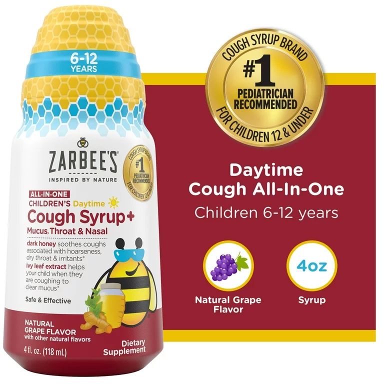 Zarbee’s Kids All-in-One Daytime Cough, Age 6-12, Honey, Turmeric, B3,6,12 & Zinc, Grape, 4FL O... | Walmart (US)