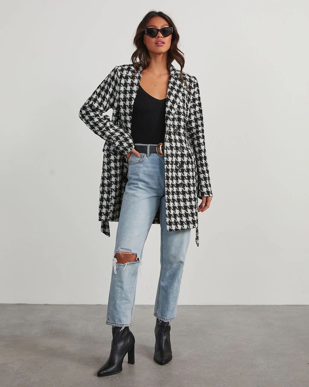 On Your Mark Houndstooth Tie Waist Jacket | VICI Collection