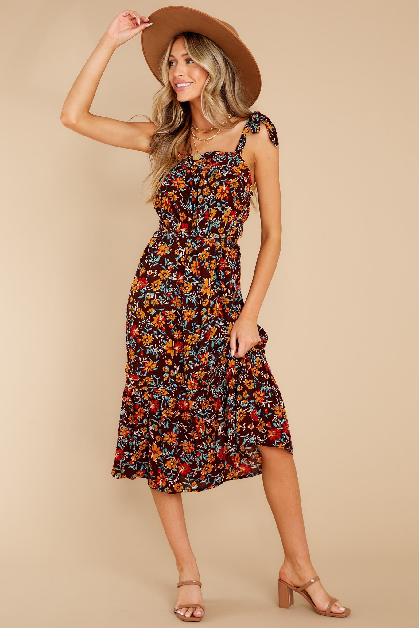 Girasol Brown Marigold Floral Midi Dress | Red Dress 