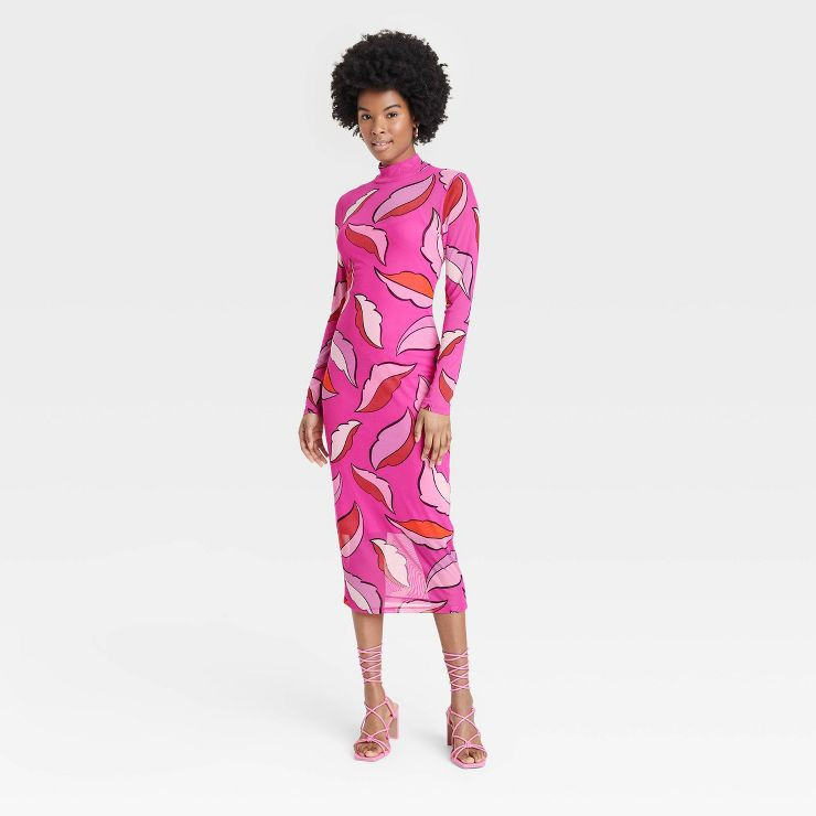 Black History Month Women's Long Sleeve Mesh Bodycon Dress - Pink Floral | Target