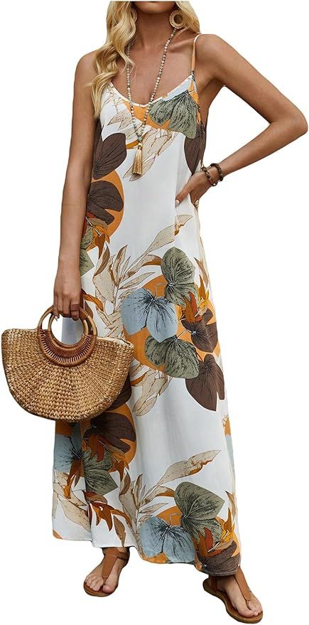 Floerns Women's Tropical Print Maxi Dress Spaghetti Strap Summer Beach Dress | Amazon (US)