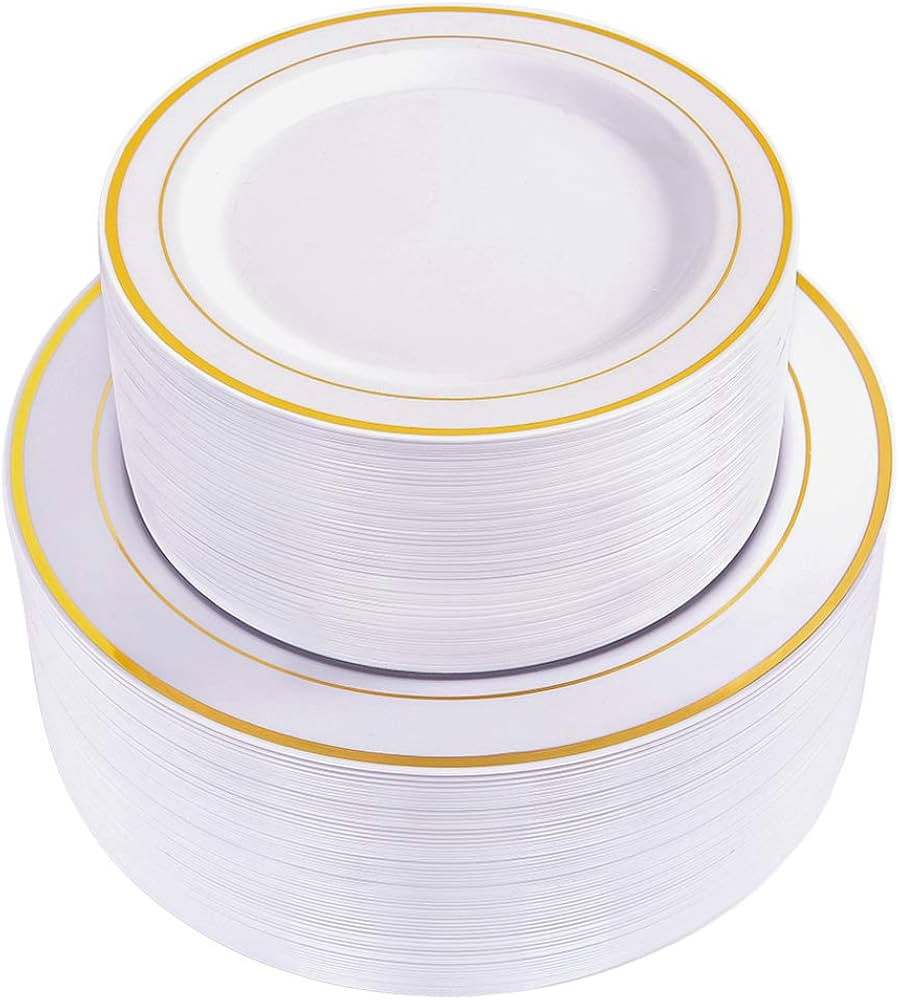 WDF 120 pieces Gold Disposable Plastic Plates - White and Gold Plates Include 10.25" Dinner Plate... | Amazon (US)
