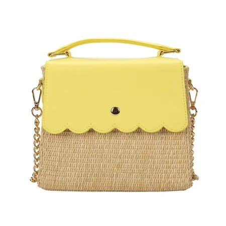 Packed Party Women's Woven Straw Crossbody Bag with Faux Leather Scallop and Chain Strap, Yellow | Walmart (US)