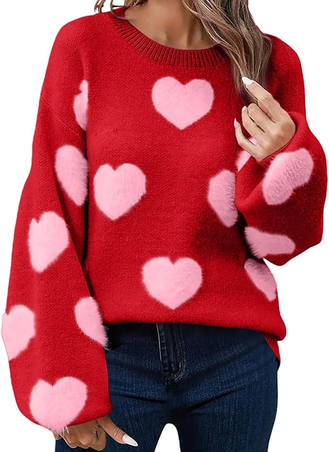 Valentines Heart Sweater for Women Romantic Soft Warm Comfort Cute Knit Pullover Sweatshirt Valen... | Amazon (US)