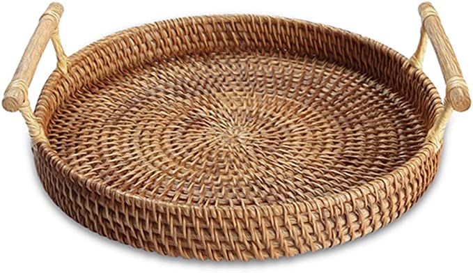 Handmade Rattan Round Woven Basket, Round Serving Tray with Handles, Food Serving Baskets, Basket... | Amazon (US)