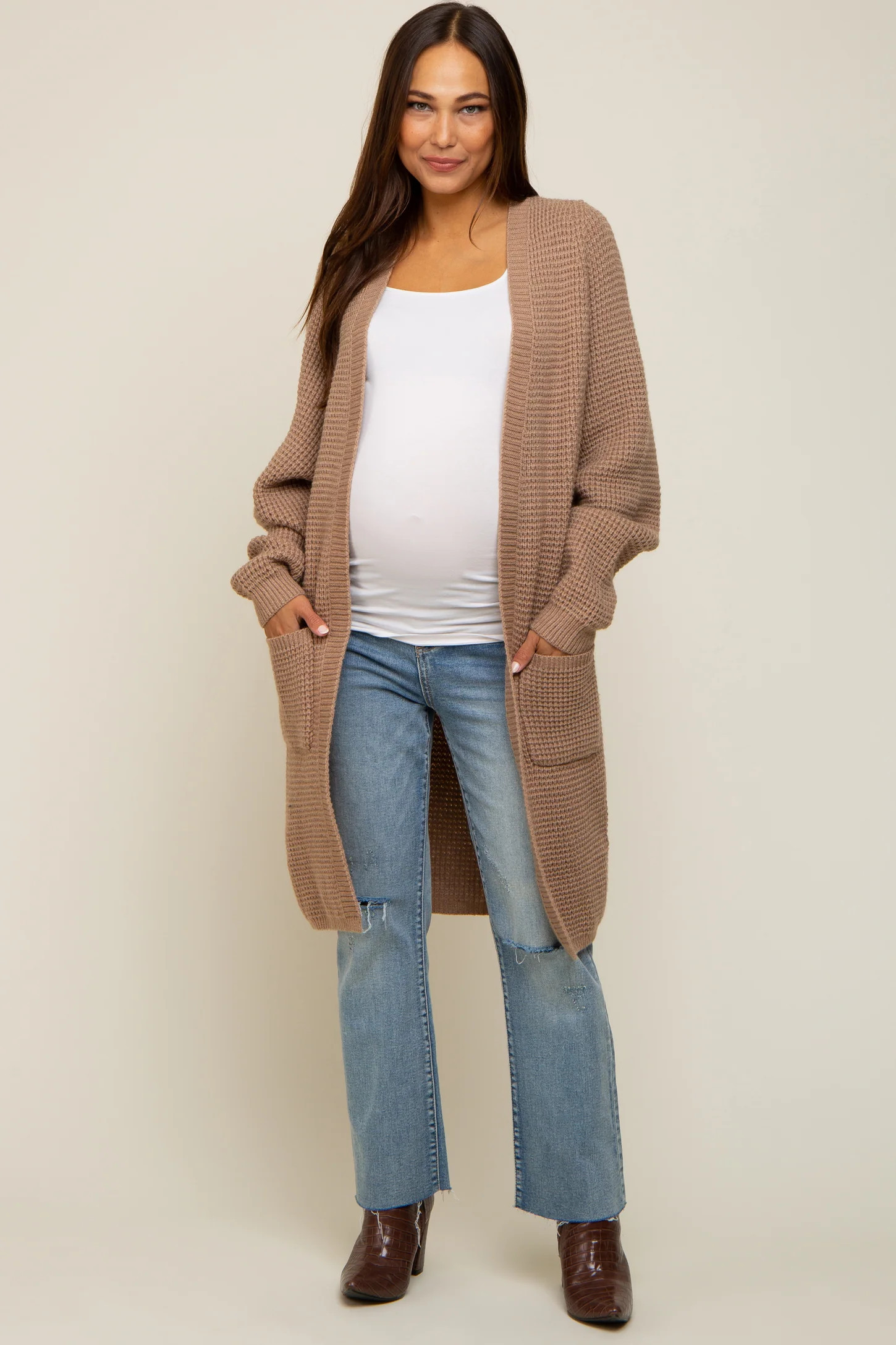 Mocha Chunky Waffle Knit Maternity Cardigan | PinkBlush Maternity