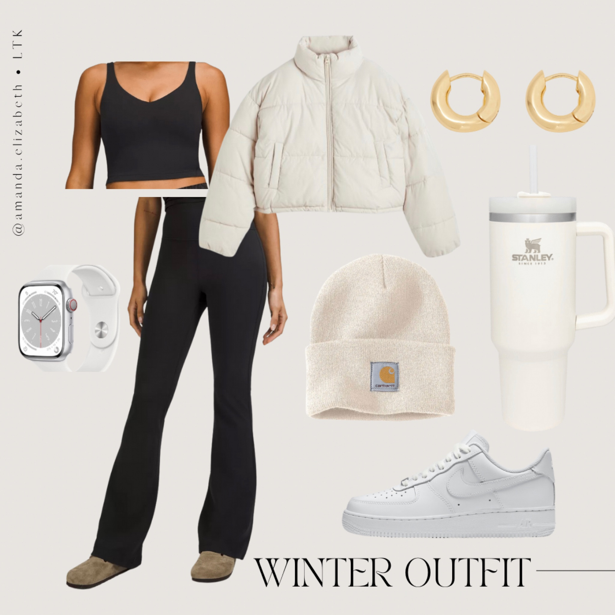 the perfect winter wonderland vacation outfit inspiration - black lululemon align tank top, off white puffer jacket, black lululemon flair leggings, white carhartt beanie, white nike air force 1’s, white stanley tumbler, a white apple watch & finish it off with little gold huggie hoops 🤍 

#LTKstyletip #LTKSeasonal #LTKtravel