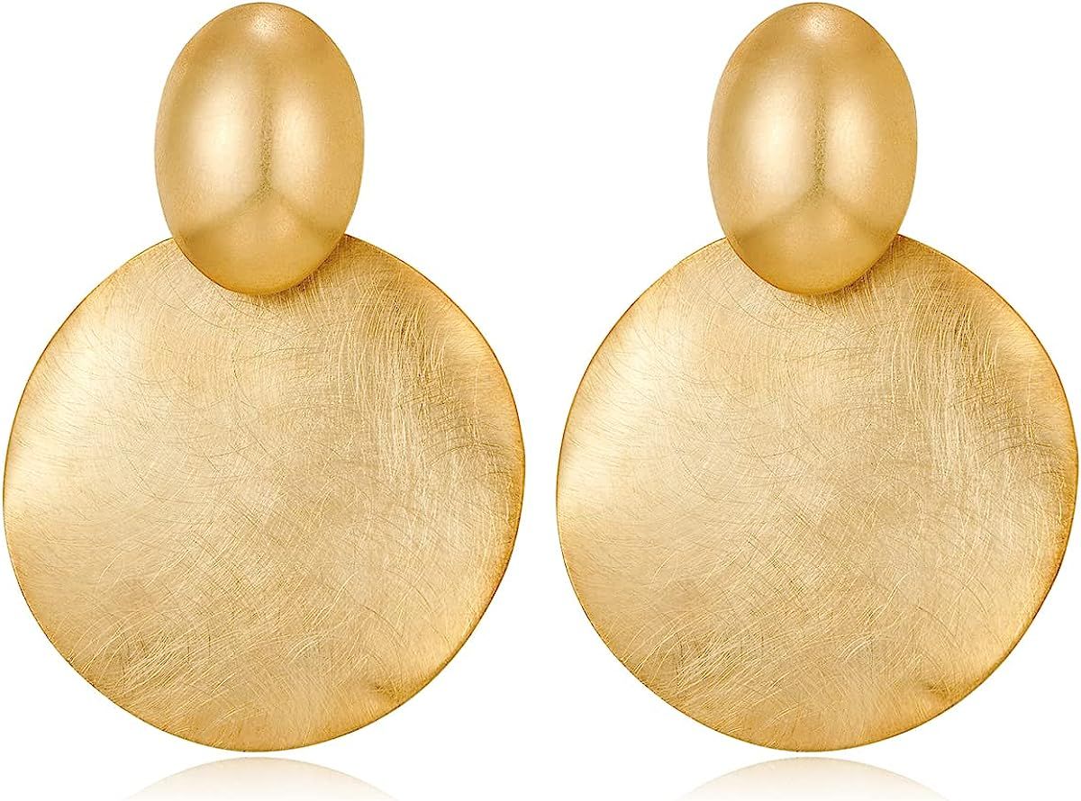 FAMARINE Big Disc Drop Earrings Gold Dangle Earrings Round Hammered Earrings Women | Amazon (US)