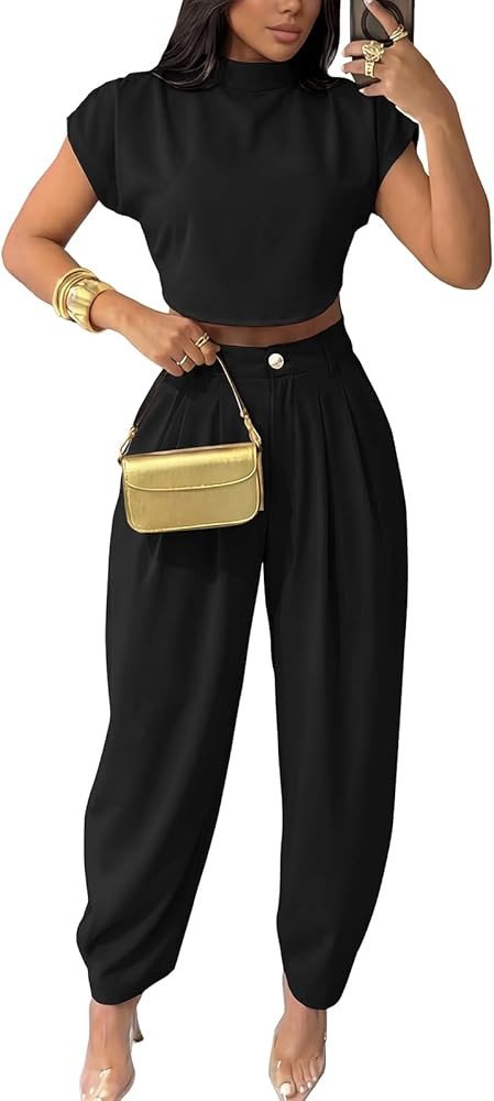 kaimimei 2 Piece Sets for Women Casual Mock Neck Cap Sleeve Crop Tops and Palazzo Pants Vacation ... | Amazon (US)