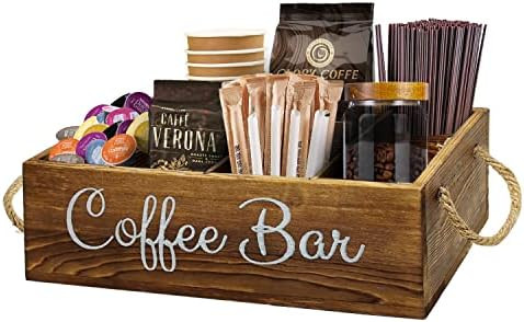 Coffee Station Organizer - 3 Removable Dividers, Wooden Coffee Bar Accessories Storage Container ... | Amazon (US)