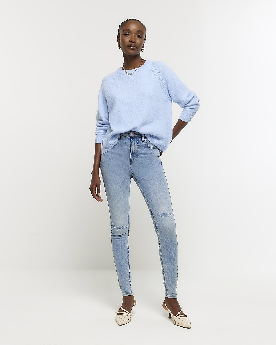 Blue high waisted ripped skinny jeans | River Island (UK & IE)