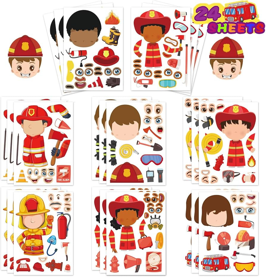 24 Sheets Firefighter Stickers for Kids, Make-a-face Fireman Stickers Sheets, Fireman Themed Stic... | Amazon (US)