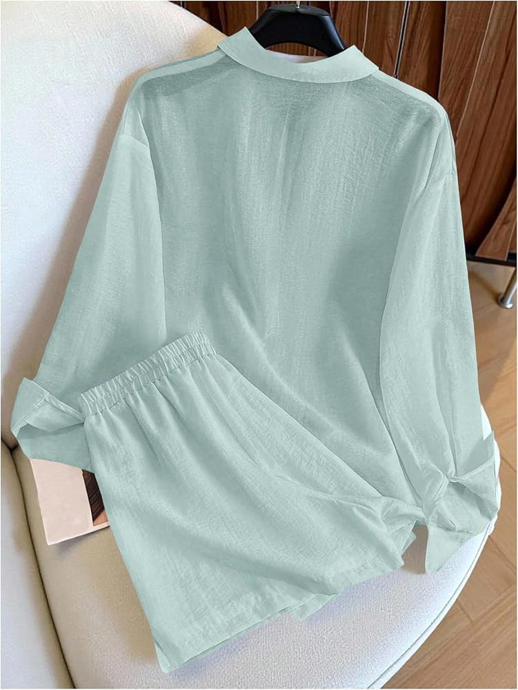 SweatyRocks Women's 2 Piece Outfits Button Down Shirts Lounge Linen Sets and Mini Shorts Pajama G... | Amazon (US)