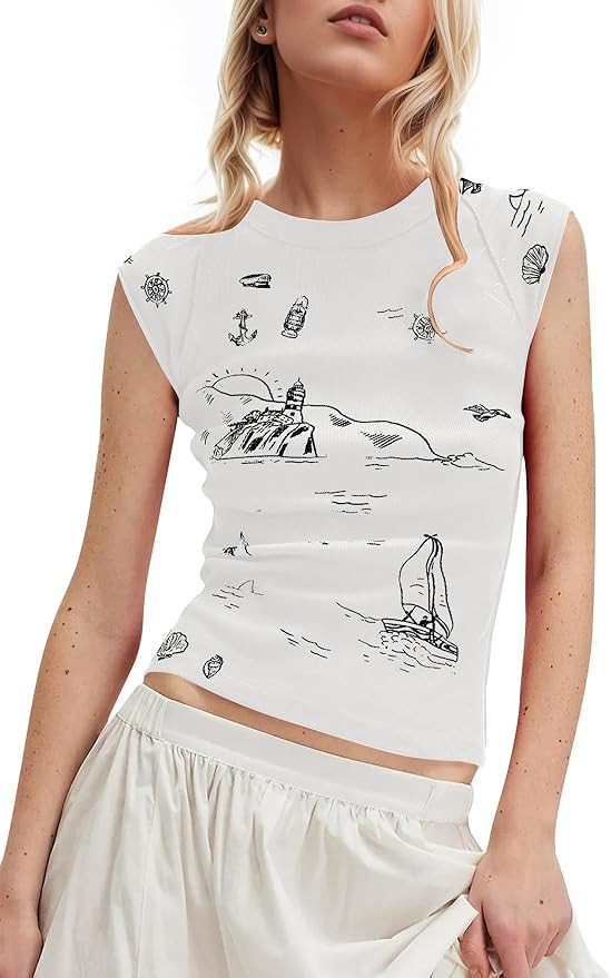 Women Cap Sleeve Ribbed Tank Tops Summer Doodle Graphic Print Sleeveless Slim Fitted Knit Y2K Aes... | Amazon (US)