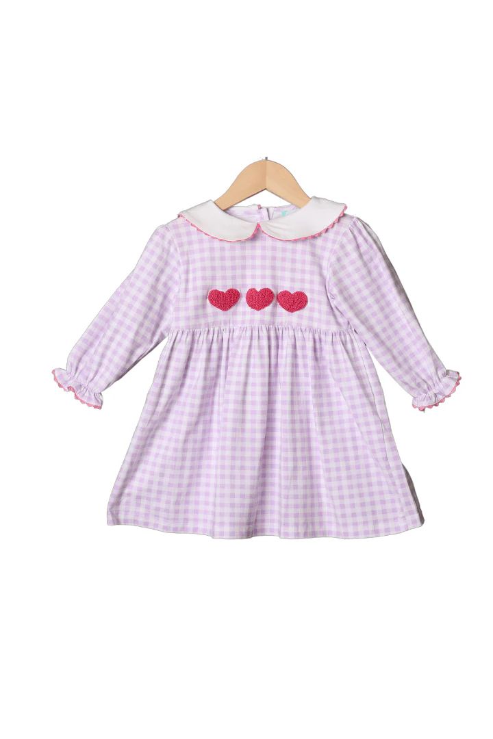 French Knot Pink Heart Lavender Gingham Knit Dress | The Smocked Flamingo