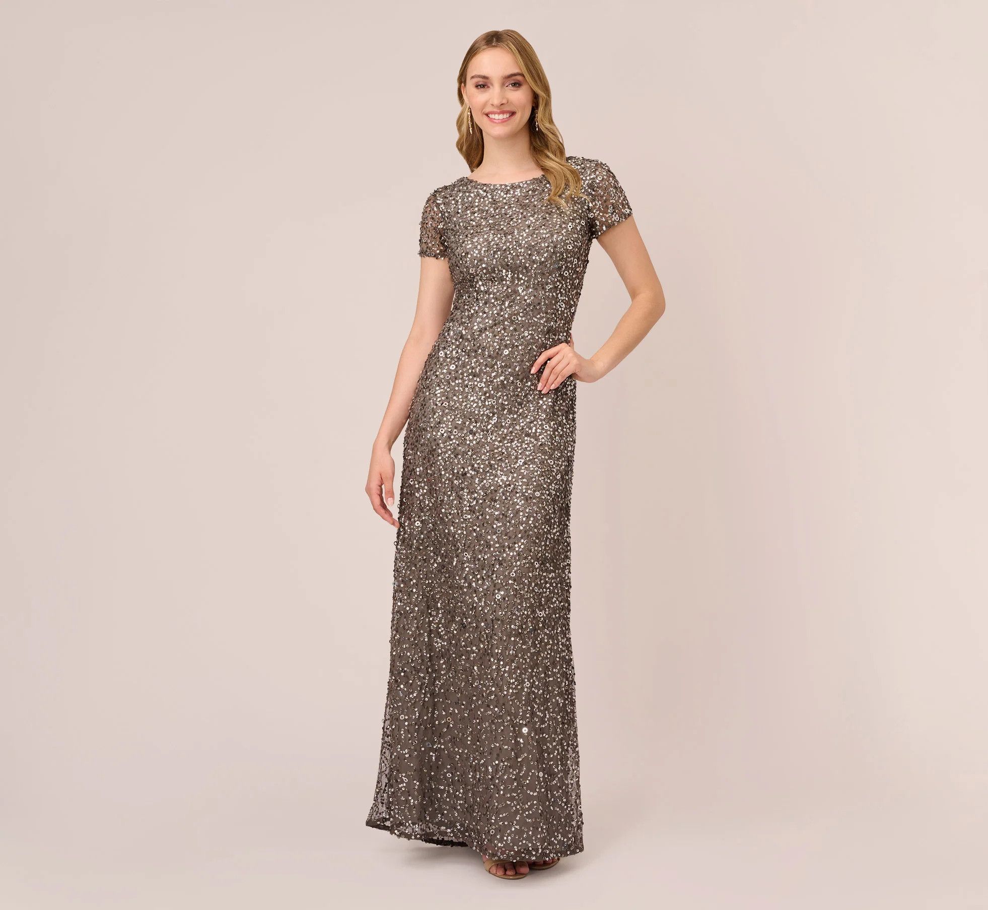 Scoop Back Sequin Gown In Lead | Adrianna Papell