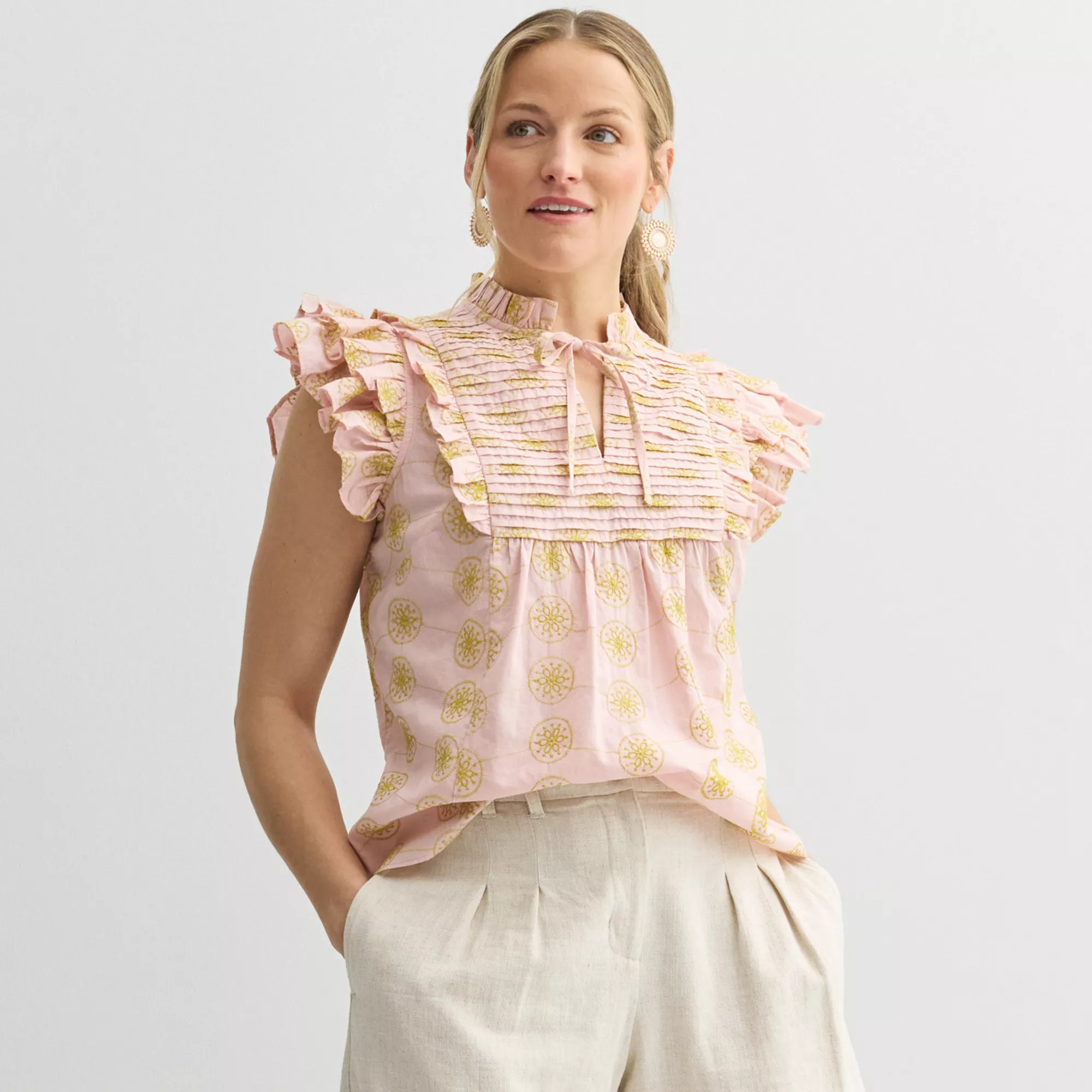 Petite Farmers Market Embroidered Flounce Sleeve Blouse | Kohl's
