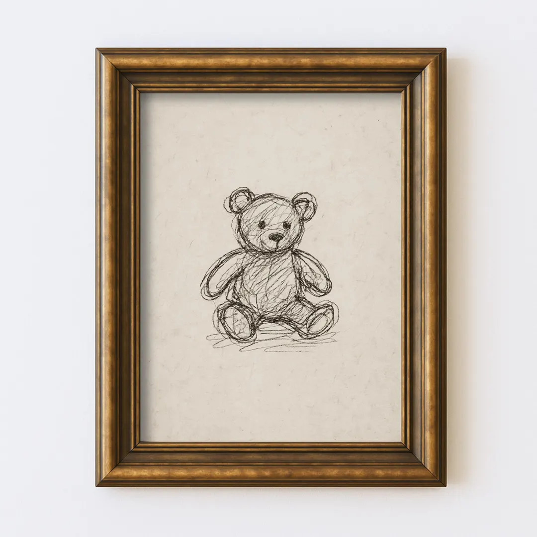 Vintage Teddy Bear Sketch Nursery Drawing Line Wall Art Children Baby Room Woodland Neutral Cotta... | Etsy (US)