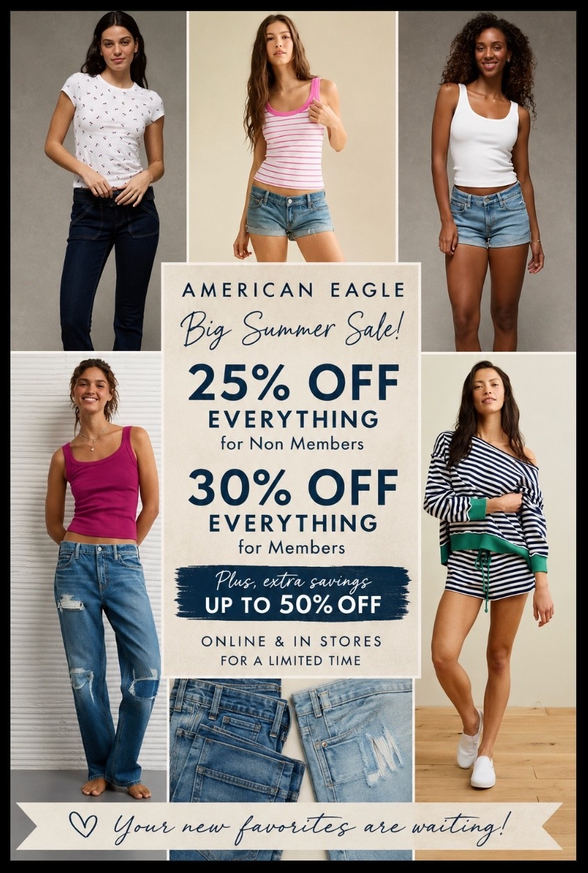 The American Eagle Big Summer Sale is on! 🤍 Grab 25% OFF everything as a non-member or 30% OFF everything as a member. Plus, shop select styles up to 50% OFF! If you've been eyeing new denim, tops, or everyday essentials, now is the time to snag them before your favorites sell out. 🛍️✨

#LTKOver40 #LTKSaleAlert #LTKmomlife