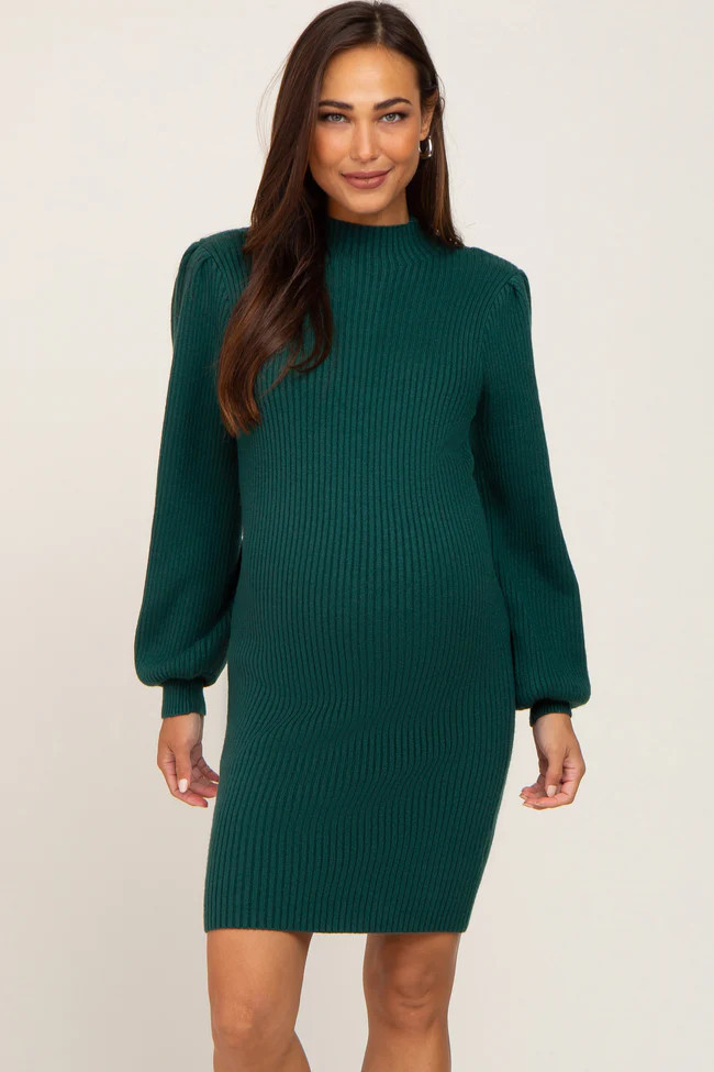 Hunter Green Mock Neck Puff Sleeve Knit Dress | PinkBlush Maternity