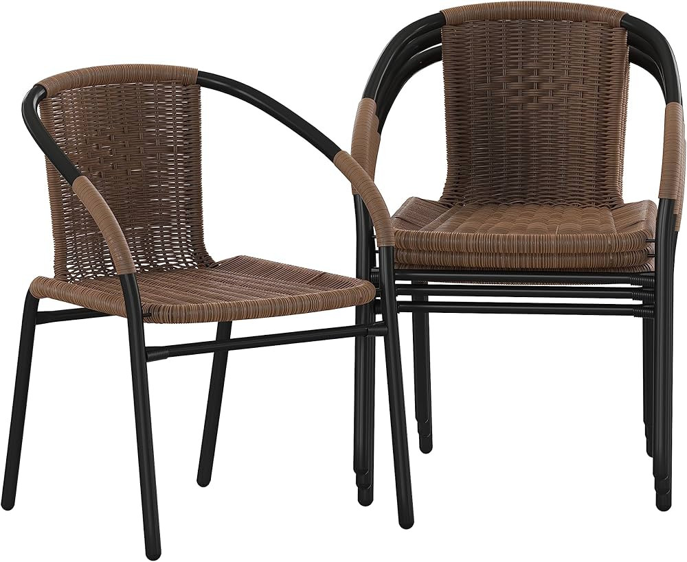 Flash Furniture Lila 4 Pack Medium Brown Rattan Indoor-Outdoor Restaurant Stack Chair | Amazon (US)